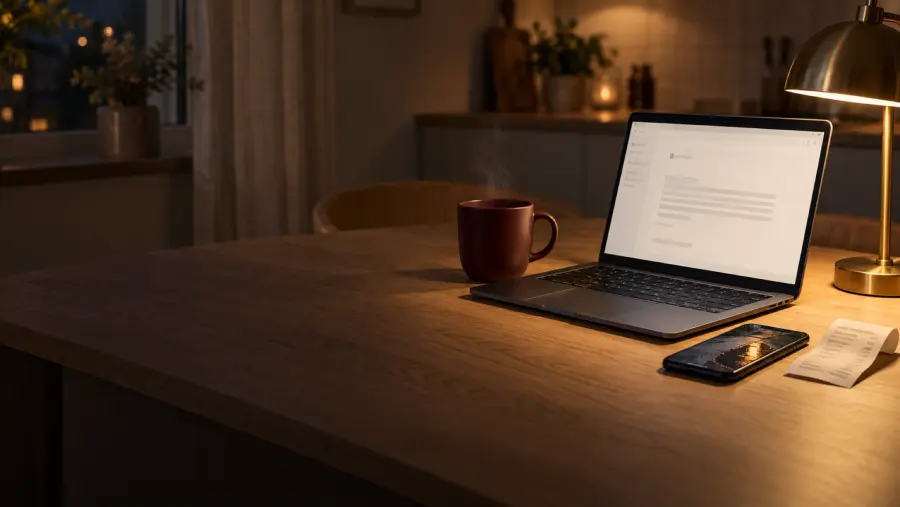 En laptop med ett mejlutkast på köksbordet i lampljus, en mobil och kvittot bredvid