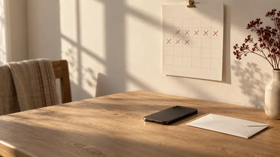 En väggkalender med överkryssade dagar, en mobil och ett oöppnat kuvert på bordet