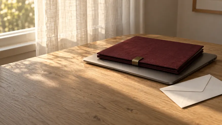 Den stängda pärmen på en laptop vid fönstret i morgonljus, ett förseglat kuvert bredvid